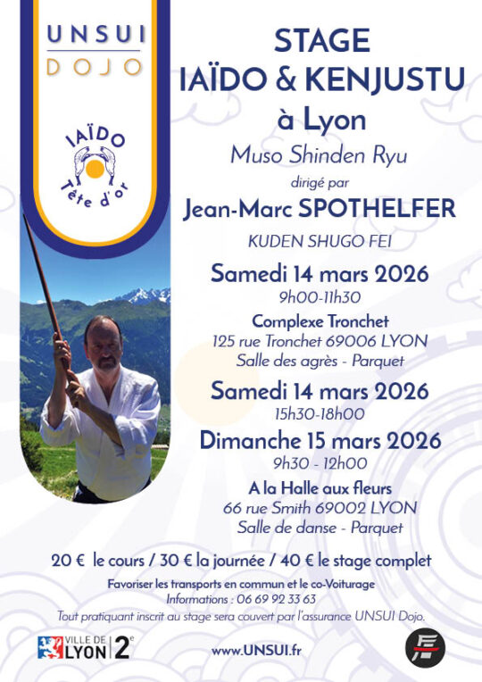 Lire la suite à propos de l’article Stage IAÏDO 2026 à Lyon avec Jean Marc SPOTHELFER , Kuden shugo FEI